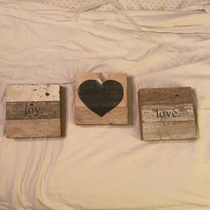 Three wooden rustic plaques “love” “joy” & 🖤